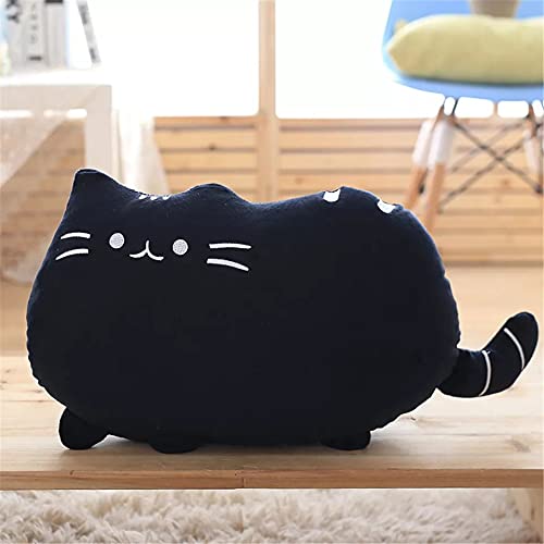 Cute black cat pillow with white spots, a cozy addition to any living space.