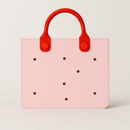 Pink bag with red handles on a light gray background