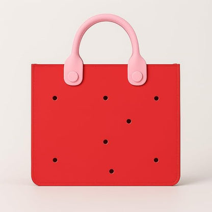Red bag with pink handles on a light gray background