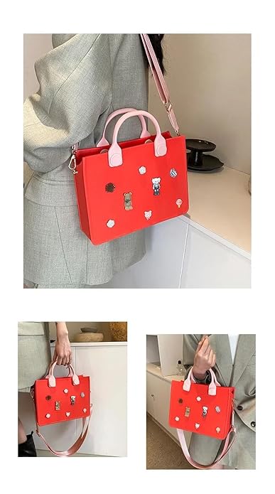 Red handbag with pink accents held by a person in various settings.