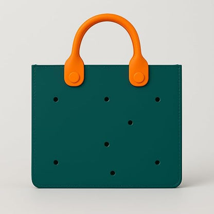 Green bag with orange handles on a light gray background