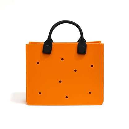 Orange tote bag with black handles on a white background