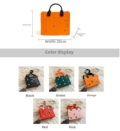 Small handbag with dimensions and color options displayed.