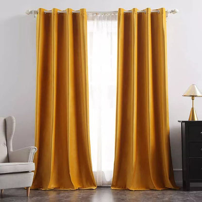 Yellow curtain with metal hook.