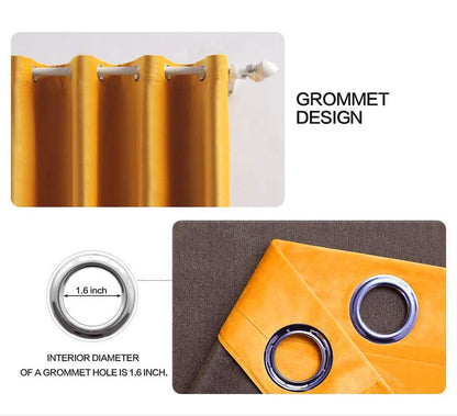 Vibrant yellow curtain with metal hook.