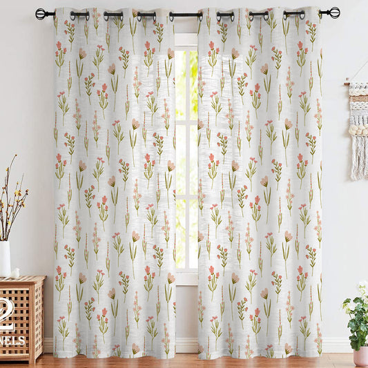 Linen printed curtains set in white with colorfull pink & green flowers print on it, behind the curtains there is a window and beside the curtains there is a table with a vase on top and a house plant