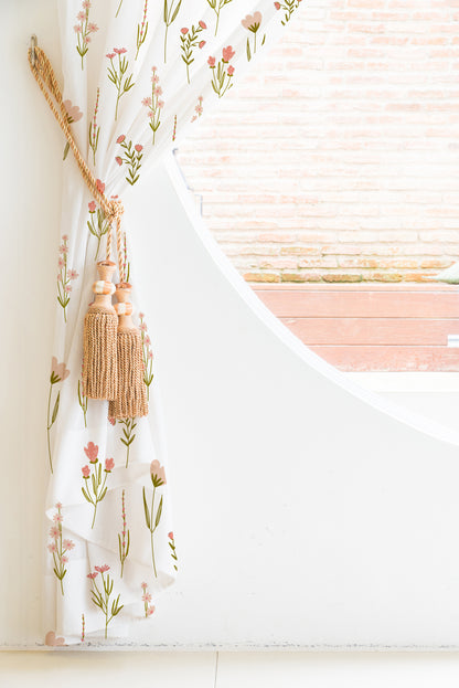 Lovely curtain with pink flowers and leaves, a whimsical addition to your home decor.