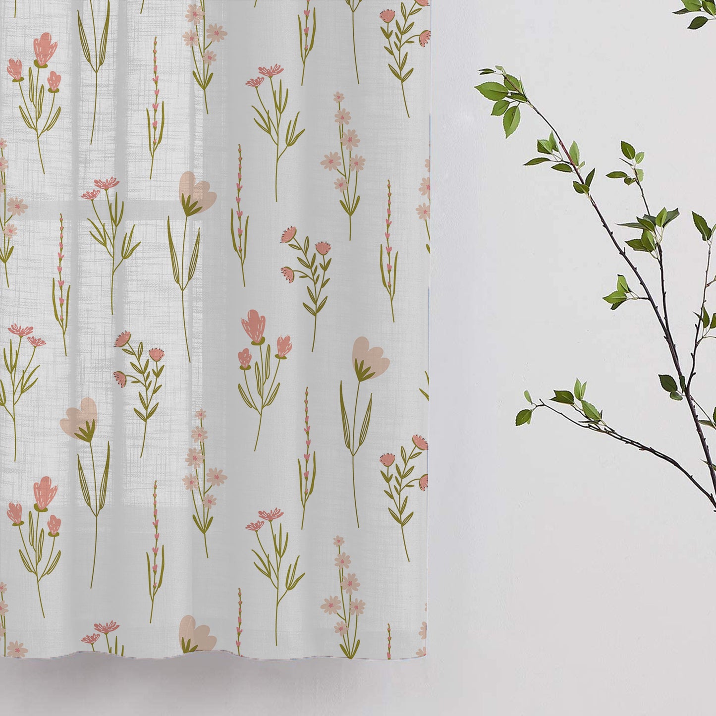 Pink floral curtain with leaves, adding a touch of nature to your room decor.
