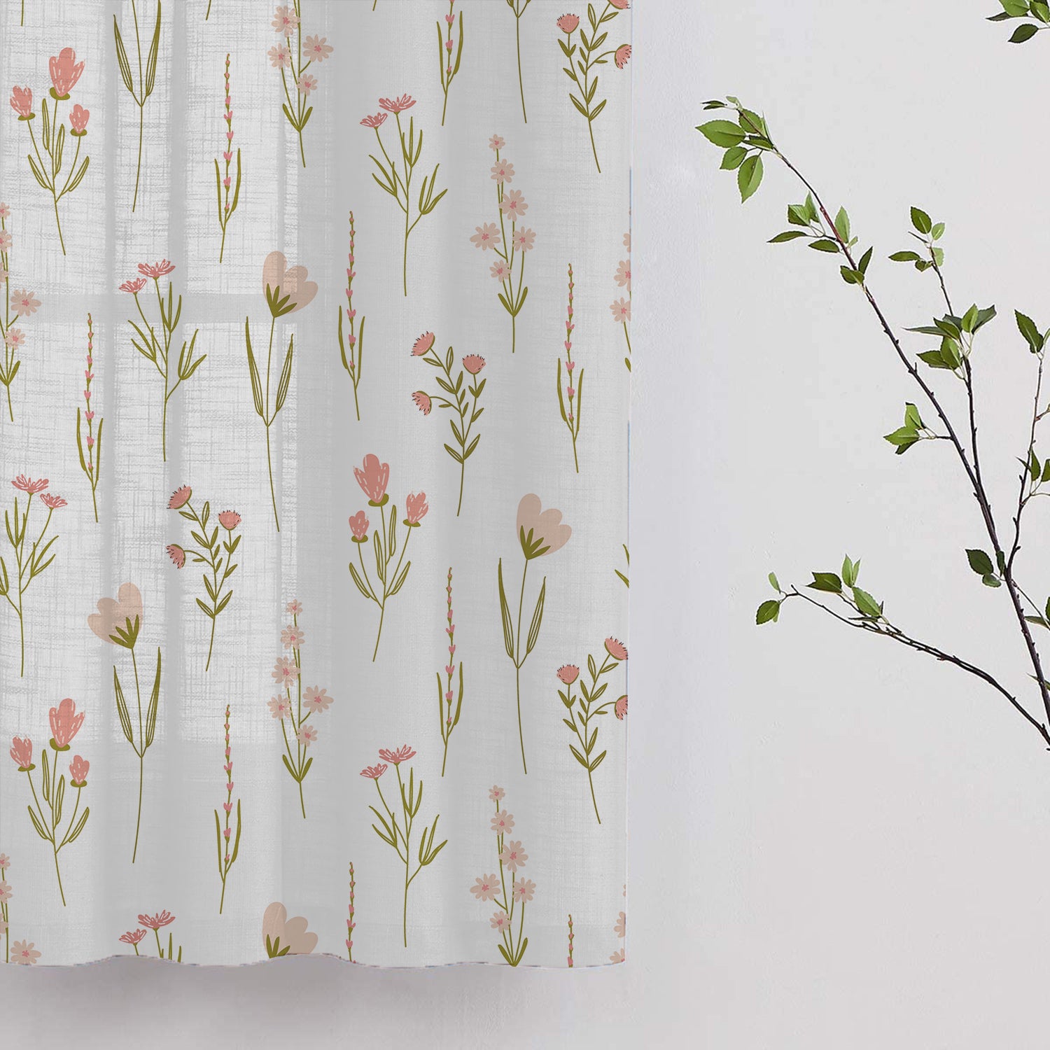 Pink floral curtain with leaves, adding a touch of nature to your room decor.