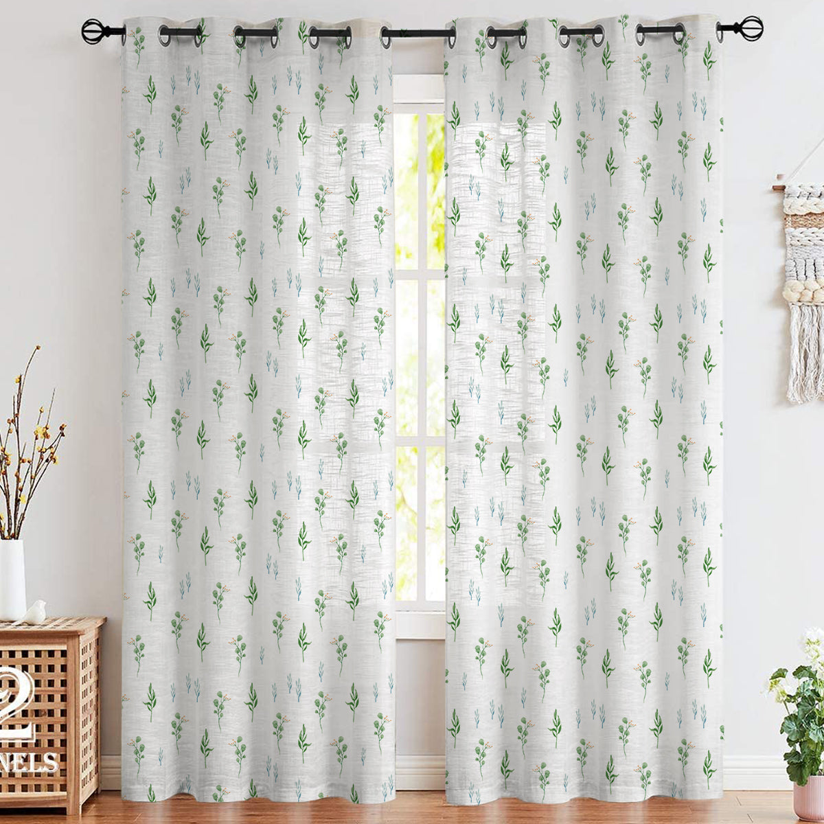 Transform your space with a curtain showcasing a beautiful green leaf and flower motif.