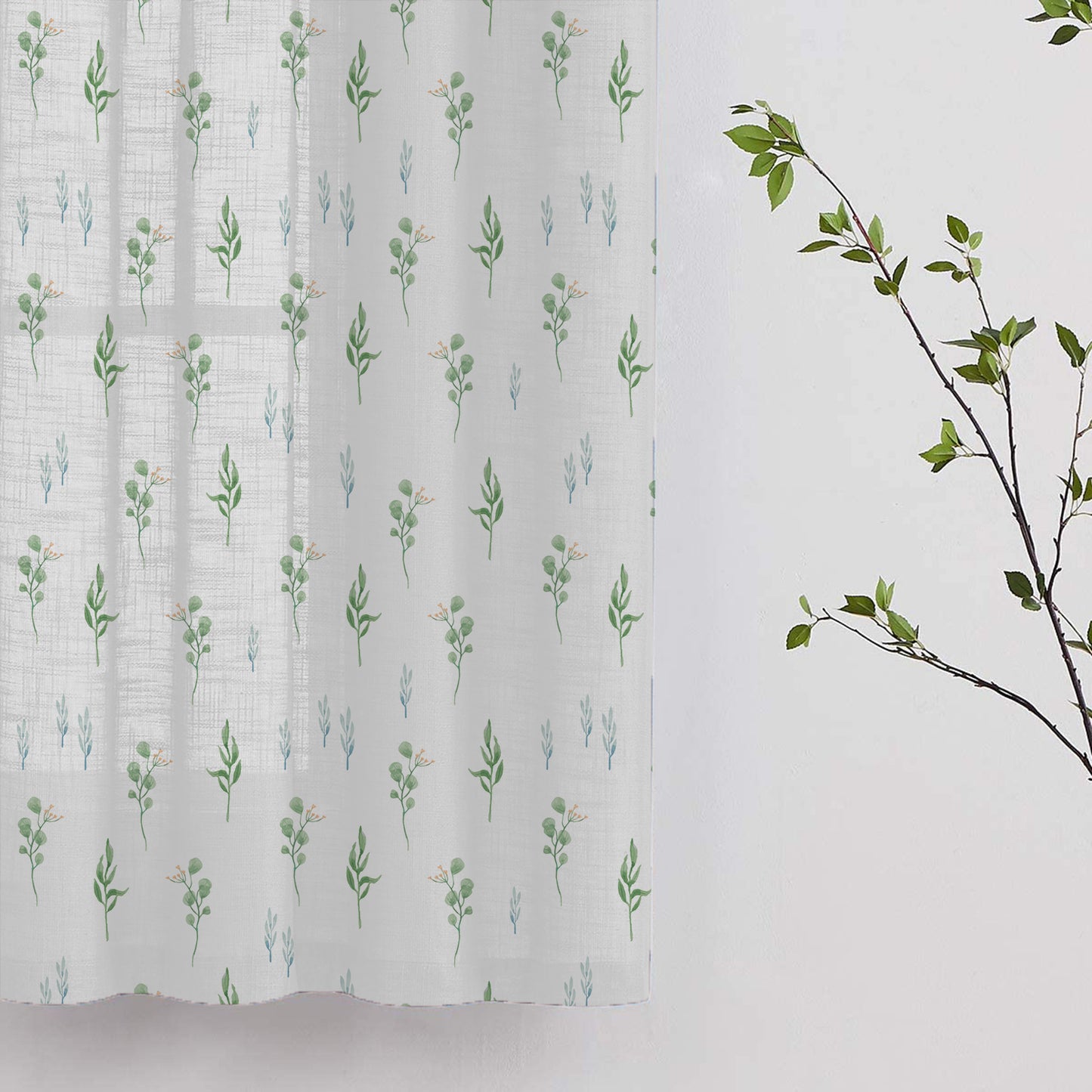 Decorative curtain featuring green leaves and flowers, perfect for a botanical-themed room.