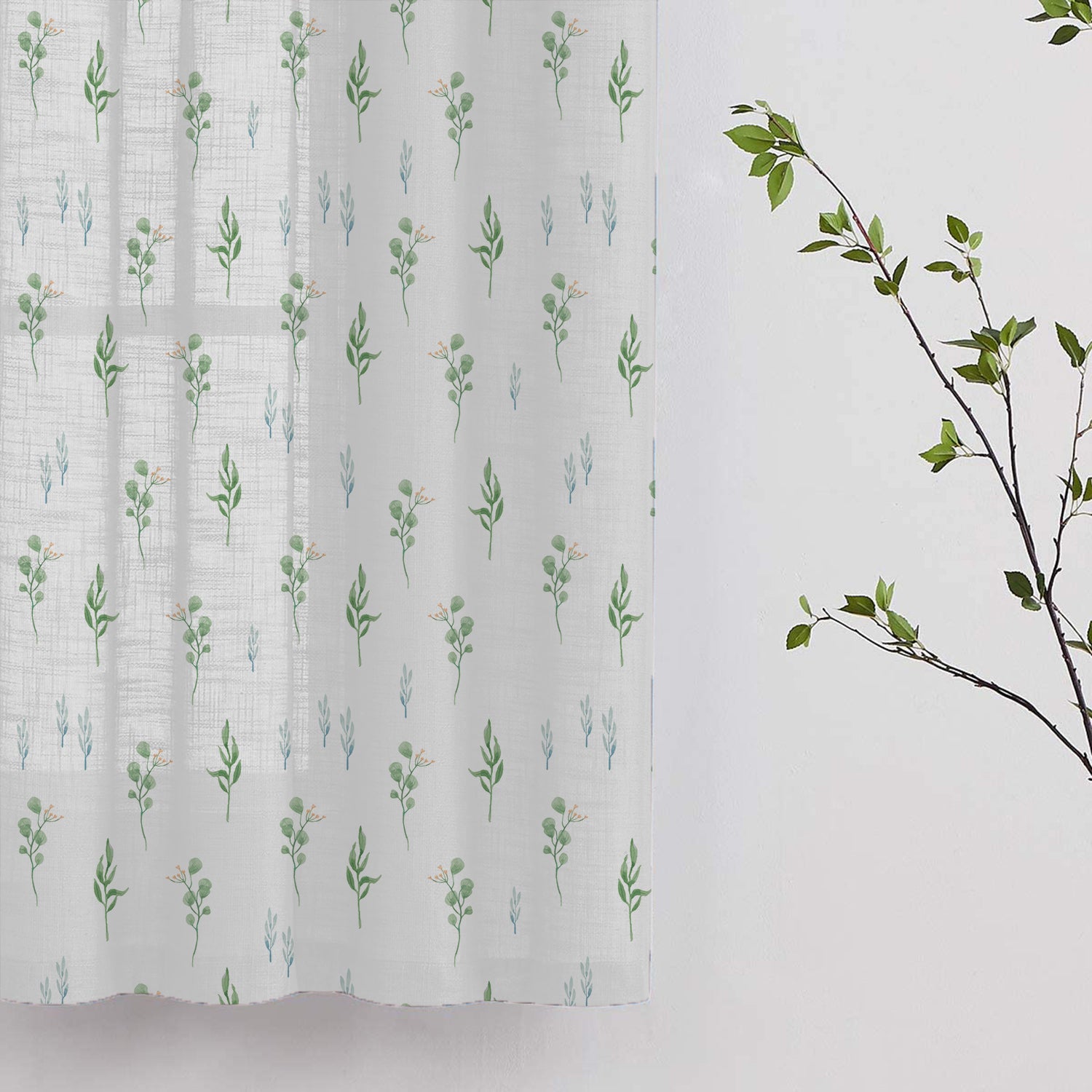 Decorative curtain featuring green leaves and flowers, perfect for a botanical-themed room.