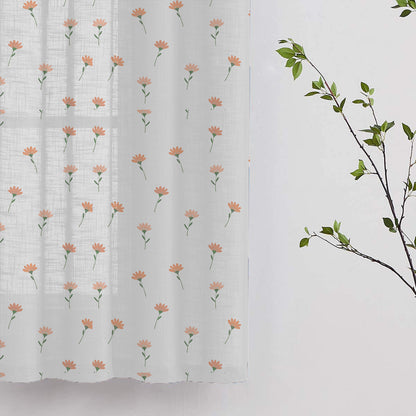 Elegant white curtain adorned with vibrant orange flowers, perfect for brightening up your space.