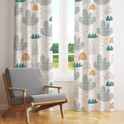 White curtain with colorful rainbows and fluffy clouds.