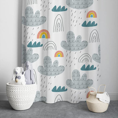 Curtain in white with cute cloud rainbow and rain print in boho style on wall