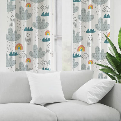 White curtain featuring vibrant rainbows and fluffy clouds.