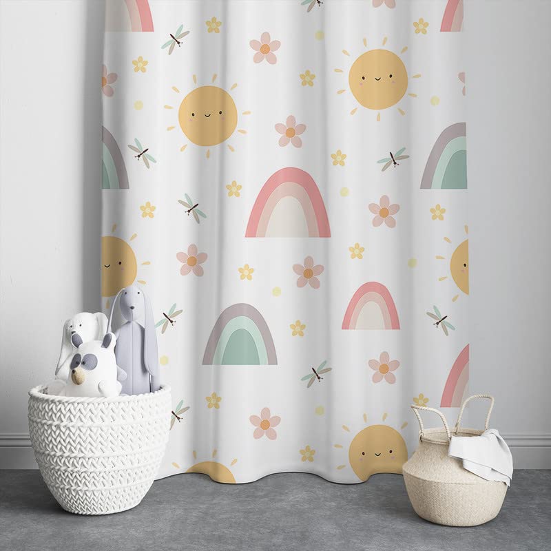A vibrant curtain adorned with a sun, flowers, and stars, adding a burst of color and whimsy to any space.