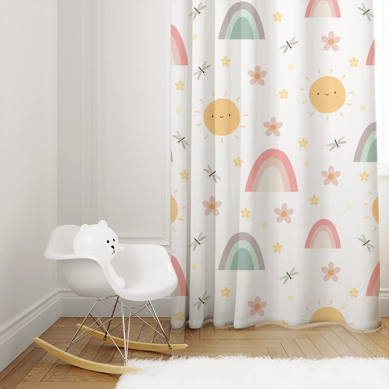 A vibrant curtain with a sunny scene, blooming flowers, and shining stars. A burst of colors and nature's beauty in one image.