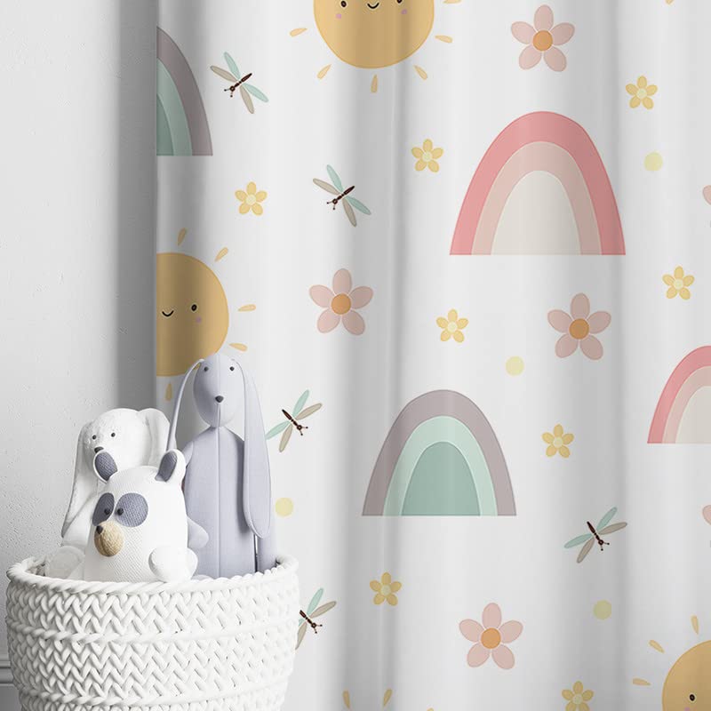 A vibrant curtain adorned with a sun, flowers, and stars, adding a burst of color and whimsy to any space.