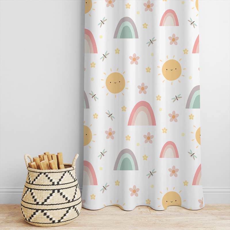 Colorful curtain with sun, flowers, and stars, adding vibrancy and charm to any space.