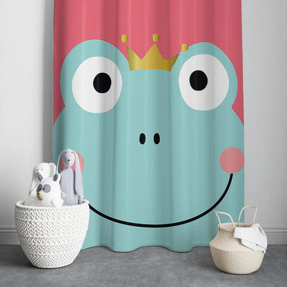 Cartoon frog wearing a crown, hanging playfully from a curtain.