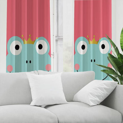 Crowned frog hanging from a curtain in a cartoon style.