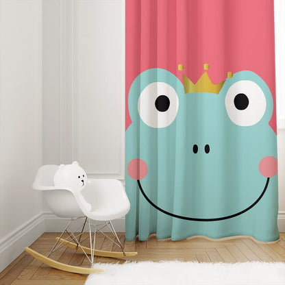 Cartoon frog with a crown, swinging from a curtain.