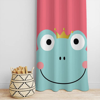 Adorable frog with a crown, suspended from a curtain.