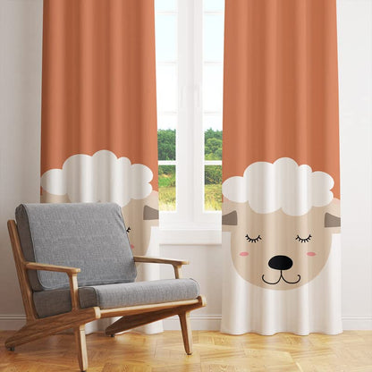 A peaceful sheep resting on an orange and white curtain, enjoying a serene moment with its eyes closed.