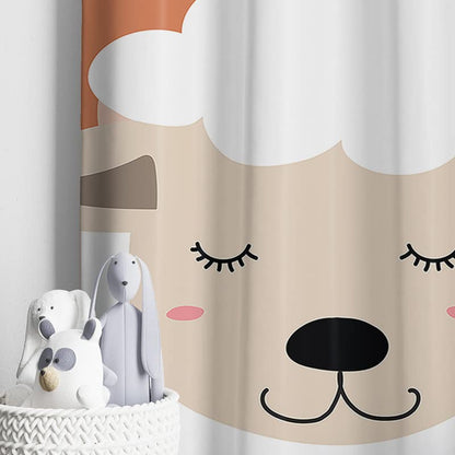 A sleepy sheep resting on a vibrant orange and white curtain.