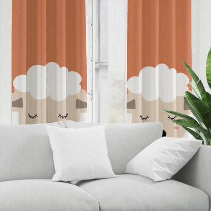 An adorable sheep with closed eyes lying on an orange and white curtain.