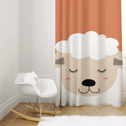 A cute sheep napping on an orange and white curtain.