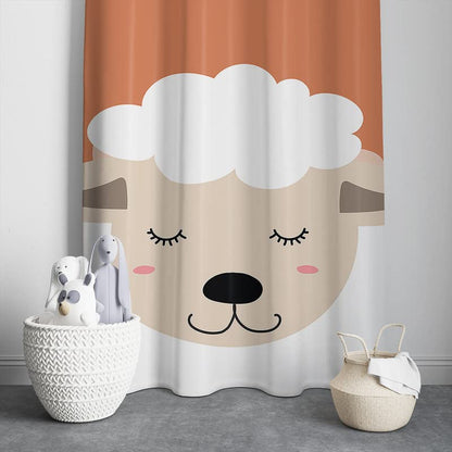 A sheep peacefully resting on an orange and white curtain, with its eyes closed.