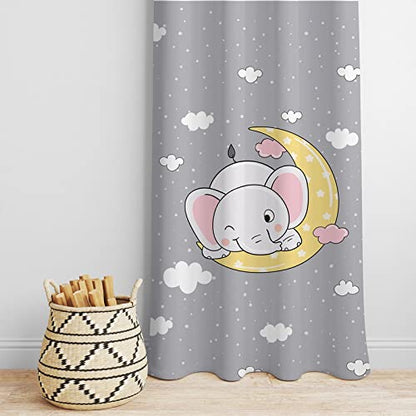 Look at that adorable baby elephant on a moon curtain, surrounded by fluffy clouds! 🐘🌙☁️