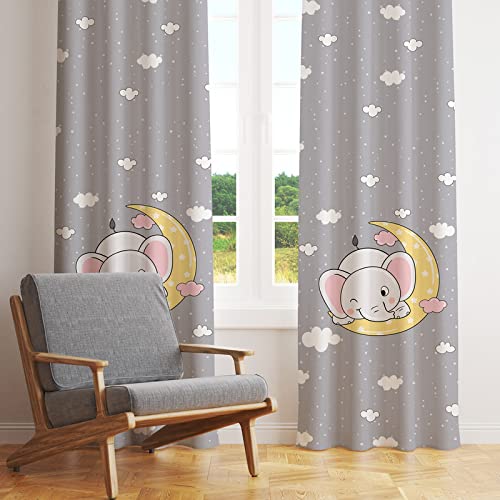 Elephant On Moon Printed Kids Curtains