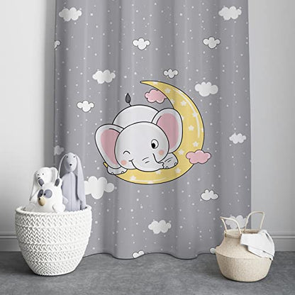 A baby elephant on a moon curtain, floating amidst fluffy clouds. So adorable! 🐘🌙☁️