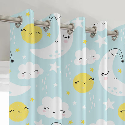 Whimsical design of sun, moon, and clouds on blue and yellow curtain.