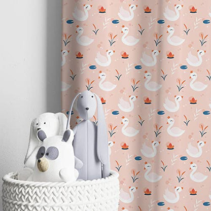 Beautiful pink curtain with white bird motifs, creating a peaceful and stylish look.