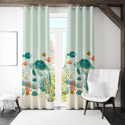 A decorative curtain showcasing an array of colorful sea creatures and turtles in a whimsical ocean design.

