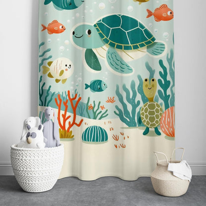 A vibrant curtain featuring various sea creatures, including colorful turtles and marine life designs.