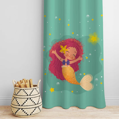 A red-haired mermaid with a star on her head floats gracefully on the water's surface.