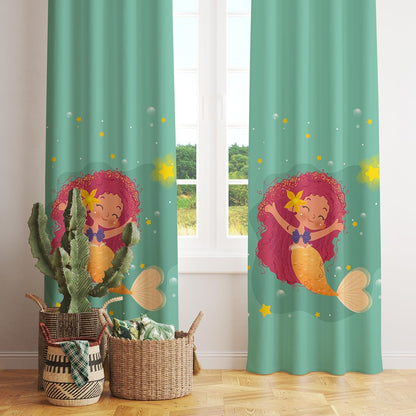 A mermaid with vibrant red hair and a star adorns her head, peacefully floating on the water.
