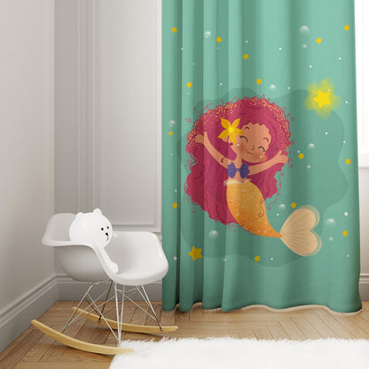 A mermaid featuring red hair and a star on her head is seen floating serenely on the water.