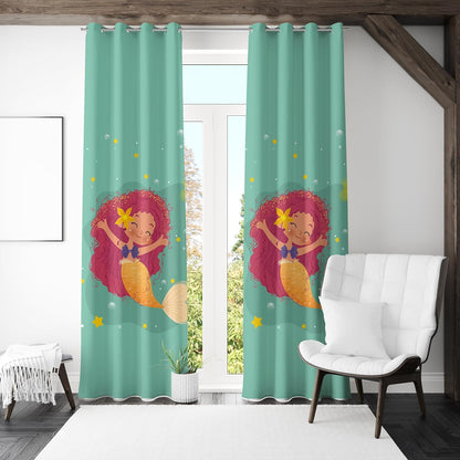 A mermaid with striking red hair and a star on her head is gently floating atop the water.