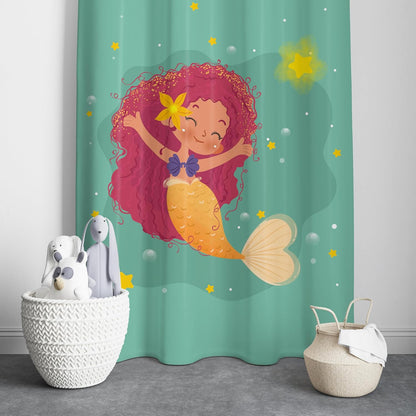A red-haired mermaid, crowned with a star, floats elegantly on the calm water.
