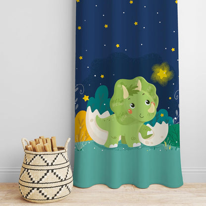 A green dinosaur gazes at the stars and moon in a serene night setting.