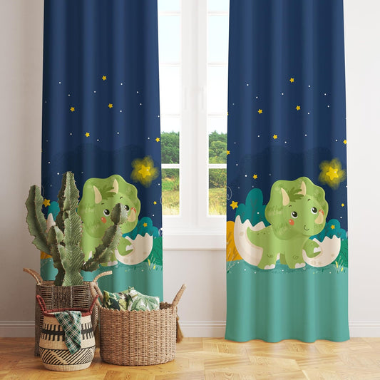A green dinosaur is surrounded by twinkling stars and a crescent moon in a dark night sky.

