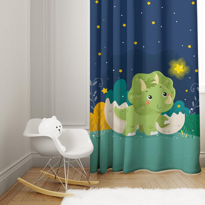 A green dinosaur is depicted against a night sky filled with stars and a bright moon