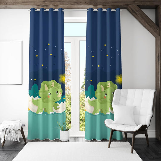 A green dinosaur rests beneath a starry sky, with a full moon shining brightly above.