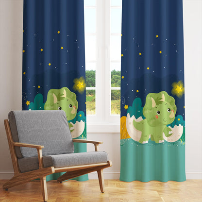 Baby Triceratops & Starry Night Premium Printed Velvet Curtains